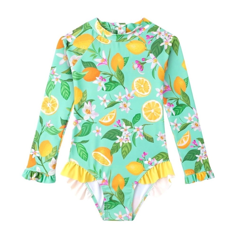 Kids NWT Lemon Floral Long-Sleeve One-Piece Swimsuit, Toddler 2T-3T